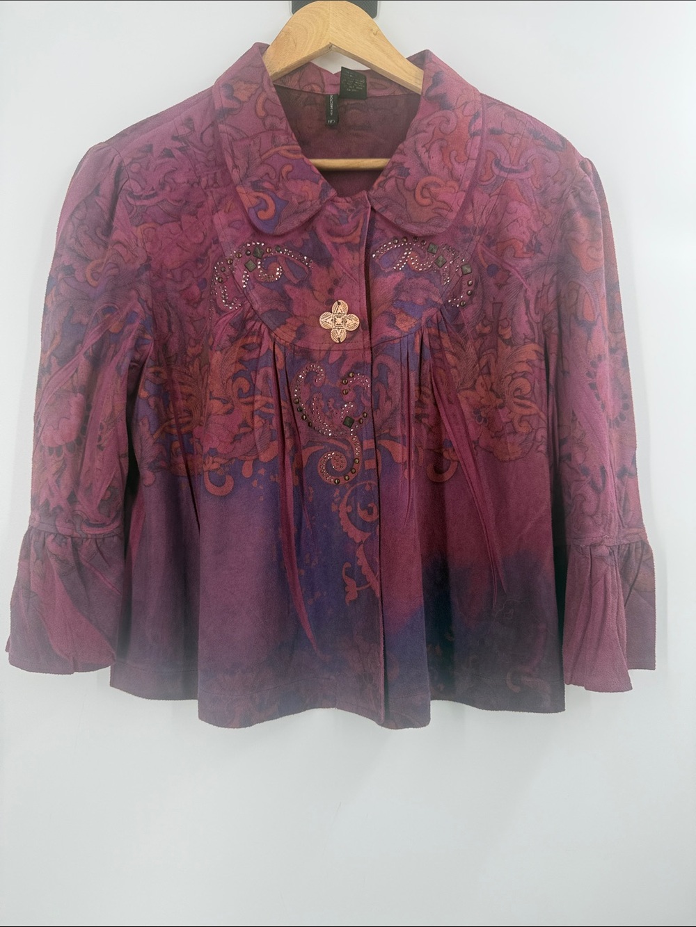 Boho chic burgundy plum lightweight swing jacket beaded bell sleeves holiday